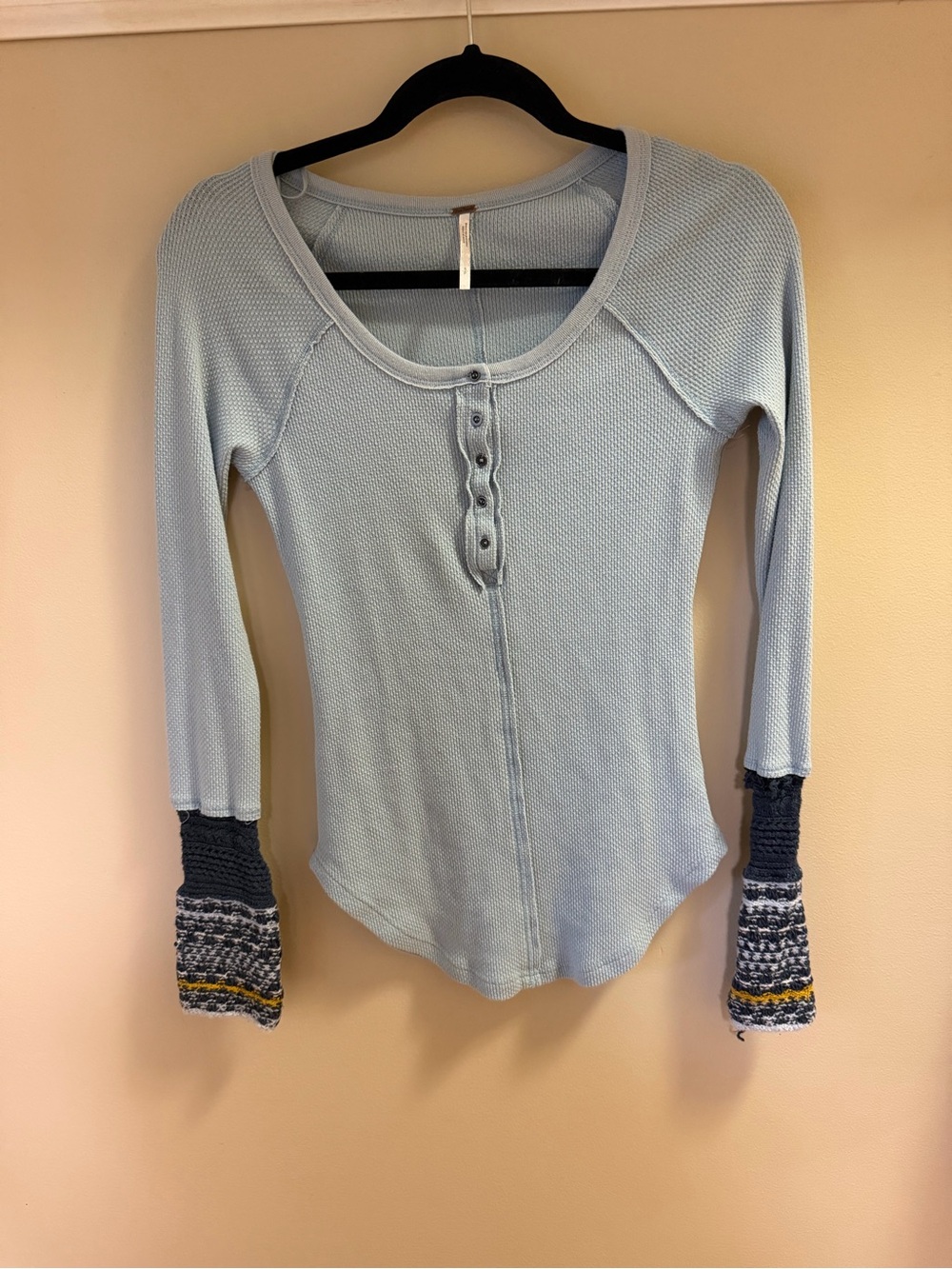 Free People Light Blue Henley Thermal Crochet Cuff Top Small